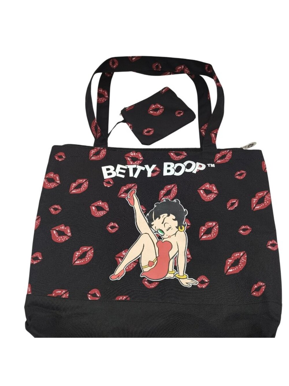Betty Boop Large Tote Bag Matching Zip Pouch Black Red Lips Print Purse